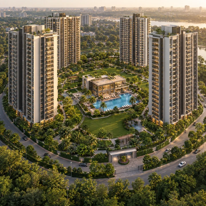 Prestige Falcon City Reserve aerial view of towers around a central garden, artist's impression