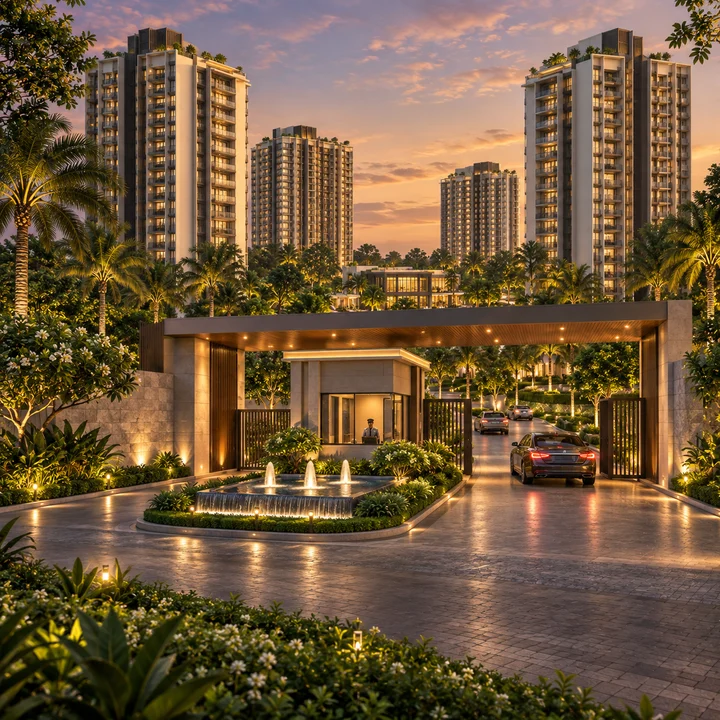 Prestige Falcon City Reserve landscaped gated arrival at dusk, artist's impression