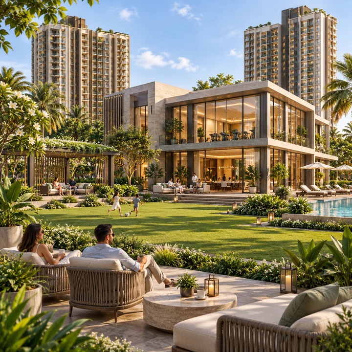 Prestige Falcon City Reserve clubhouse opening onto landscaped lawns, artist's impression