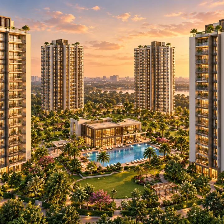 Prestige Falcon City Reserve premium apartment towers above landscaped grounds, artist's impression