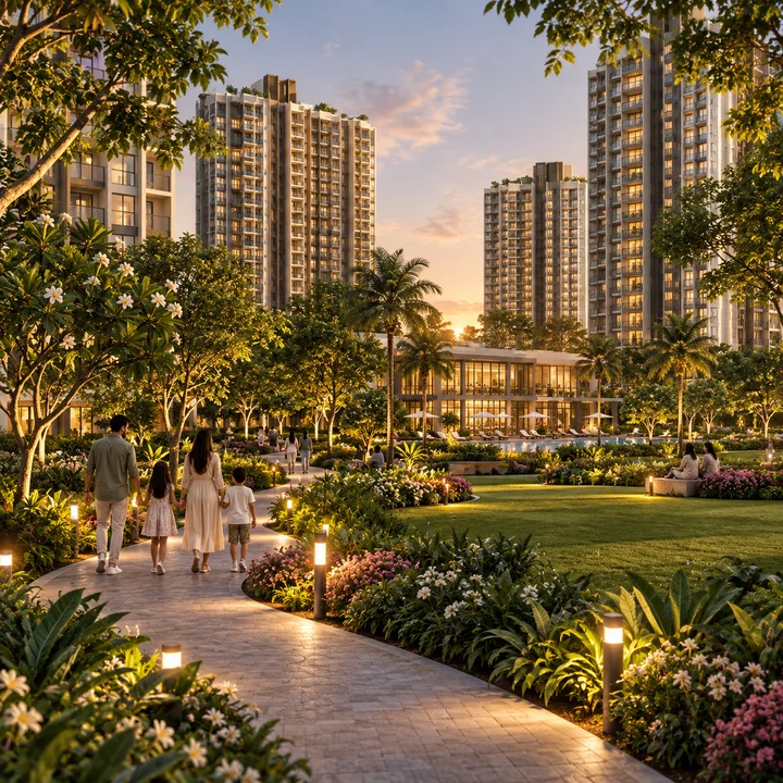 Prestige Falcon City Reserve landscaped gardens and walking path, artist's impression