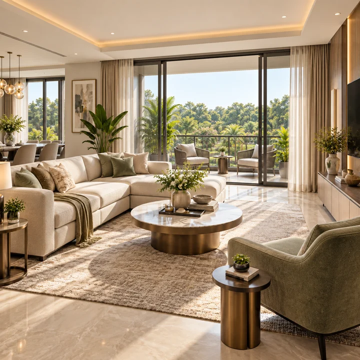 Prestige Falcon City Reserve apartment living room with balcony, artist's impression Prestige Falcon City Reserve apartment living room with balcony, artist's impression
