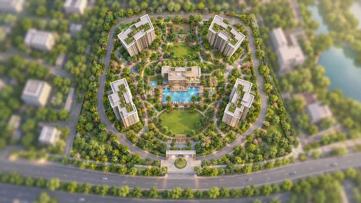 Prestige Falcon City Reserve illustrative site plan with towers around a central garden, clubhouse and pool