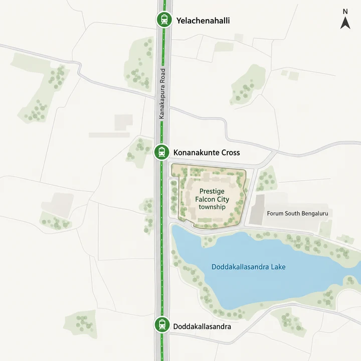 Prestige Falcon City Reserve location map of the Prestige Falcon City township on Kanakapura Road with Konanakunte Cross metro, Forum South Bengaluru and Doddakallasandra Lake
